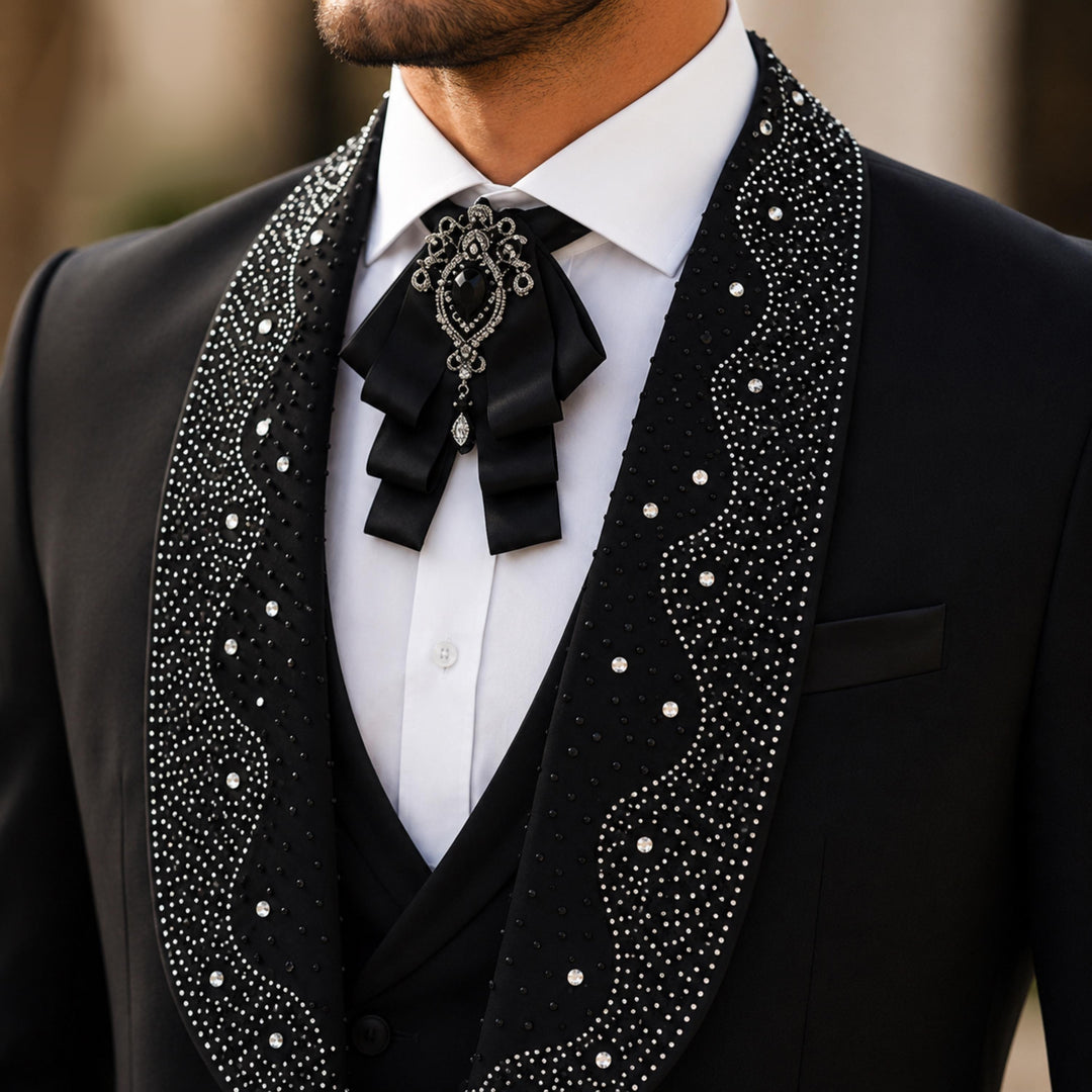 Luxury Black With Shawl Lapel Diamond 3 Pieces Men Suit