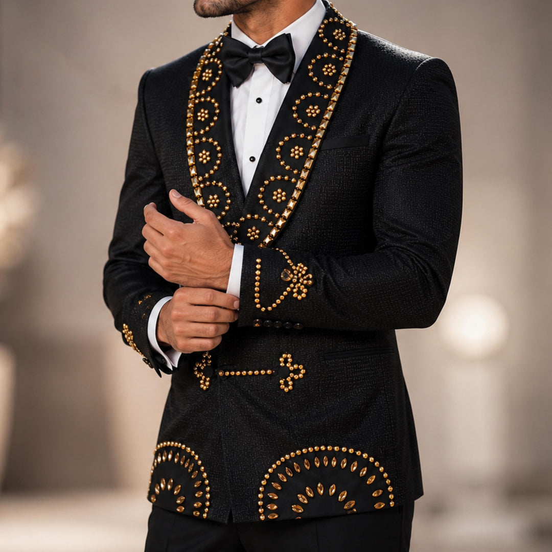Luxury Black Diamond 2 Pieces Double Breasted Men Suit With Shawl Lapel For Prom