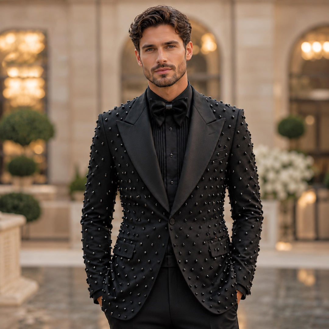 Fashion Black And Diamond Peak Lapel 2 Pieces Men Suit