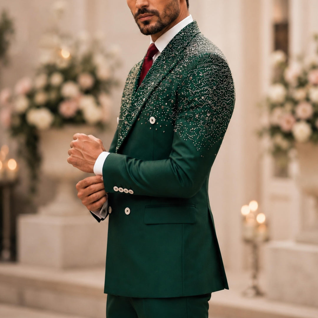 Luxury Hunt Green Diamond 2 Pieces Double Breasted Men Suit With Peak Lapel For Prom