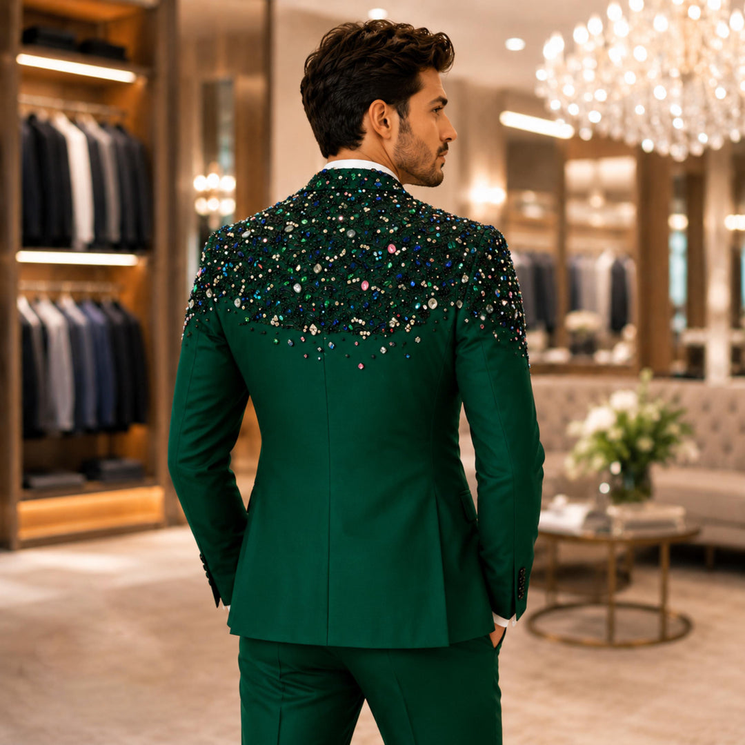 Luxury Hunt Green Diamond 2 Pieces Double Breasted Men Suit With Peak Lapel For Prom