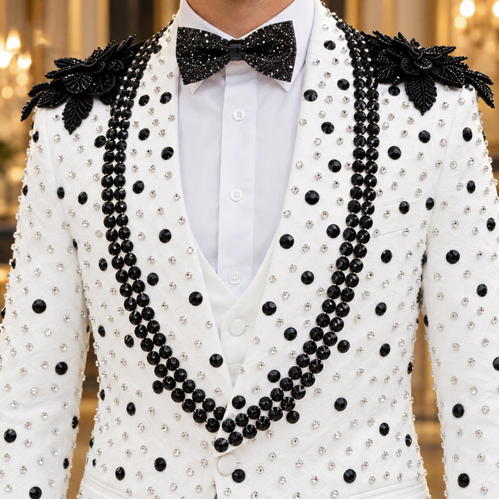Luxury White Shawl Lapel Embroidered Diamond 2 Pieces Men Suit For Wedding