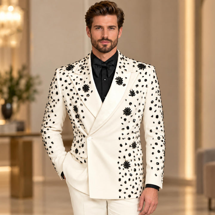 Luxury White Diamond 2 Pieces Double Breasted Men Suit With Peak Lapel For Prom