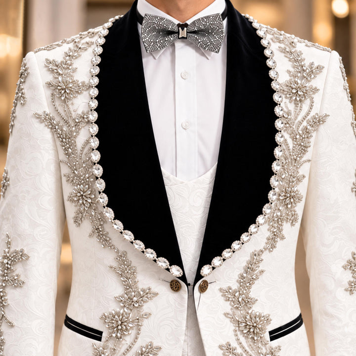 Luxury White With Black Shawl Lapel Diamond 3 Pieces Men Suit