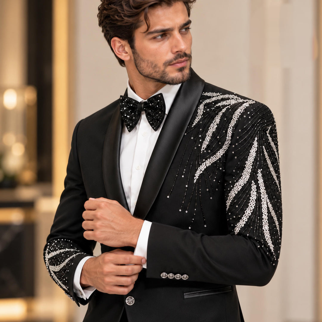 Luxury Black Shawl Lapel Diamond 2 Pieces Men Suit For Prom