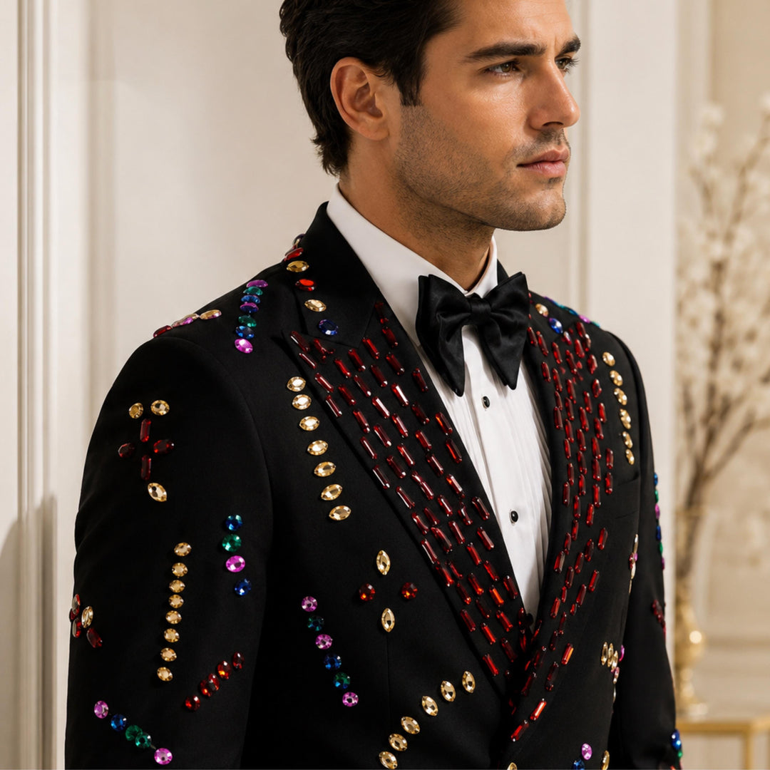 Fashion Black And Colored Diamond Peak Lapel 2 Pieces Men Suit