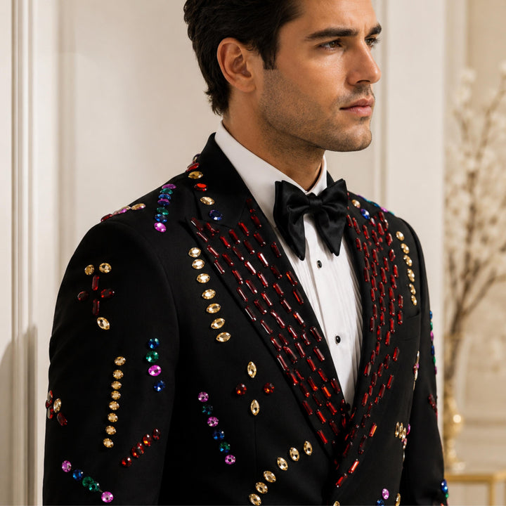 Fashion Black And Colored Diamond Peak Lapel 2 Pieces Men Suit