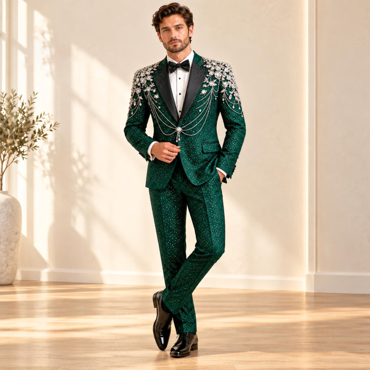 Fashion Emerald And Diamond Peak Lapel 2 Pieces Men Suit