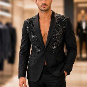 Fashion Black And Diamond Notch Lapel 2 Pieces Men Suit