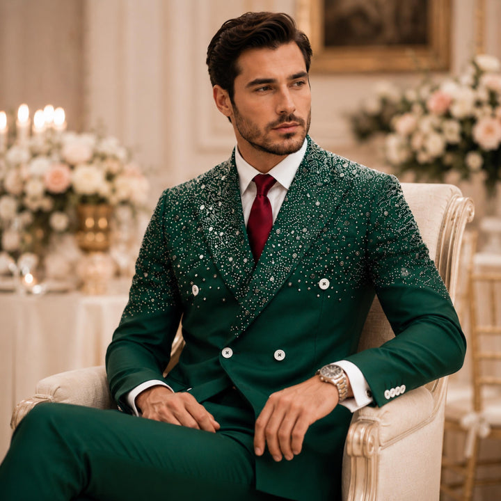 Fashion 2 Pieces Suit In Green Peaked Lapel Diamond For Prom