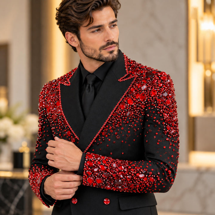 Fashion Black And Red Diamond 2 Pieces Double Breasted Men Suit With Peak Lapel For Prom