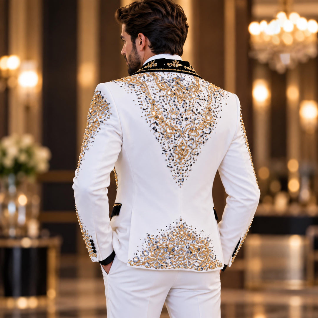 Fashion White And Black With Bling Diamond 2 Pieces Suit For Party