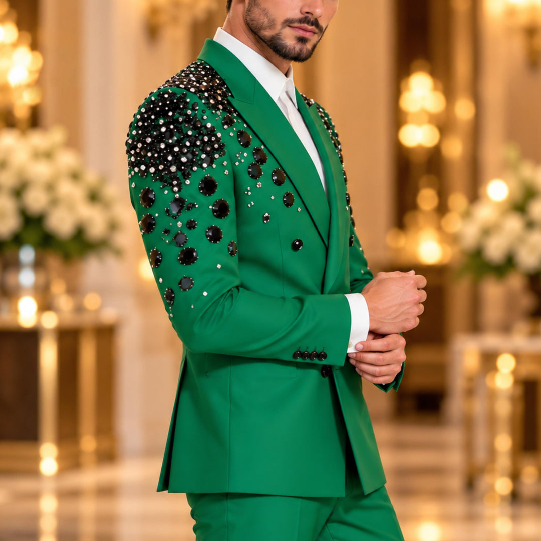 Luxury Black Diamond 2 Pieces Double Breasted Men Suit With Peak Lapel For Prom