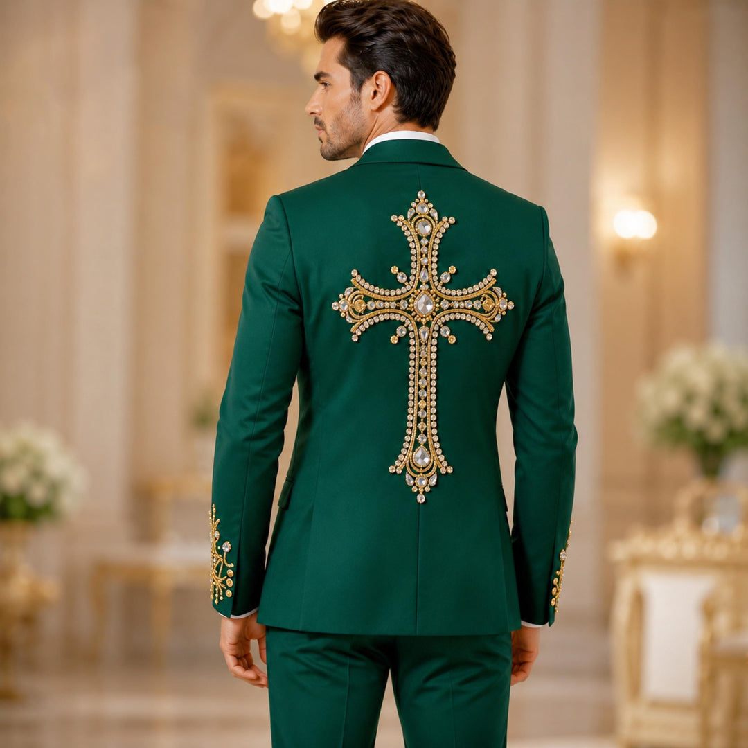 Fashion Green And Diamond Peak Lapel 2 Pieces Men Suit