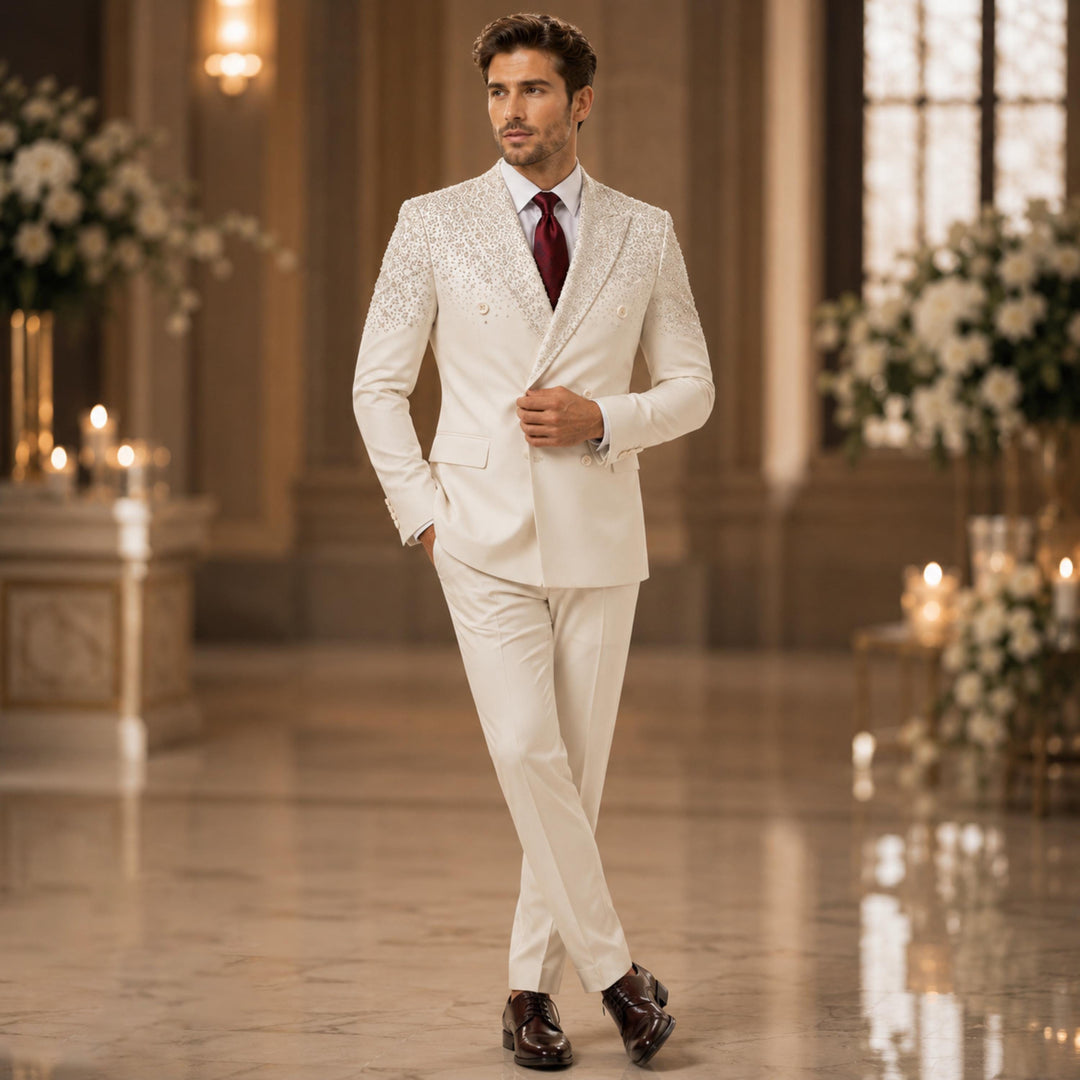 Luxury White Diamond 2 Pieces Double Breasted Men Suit With Peak Lapel For Prom