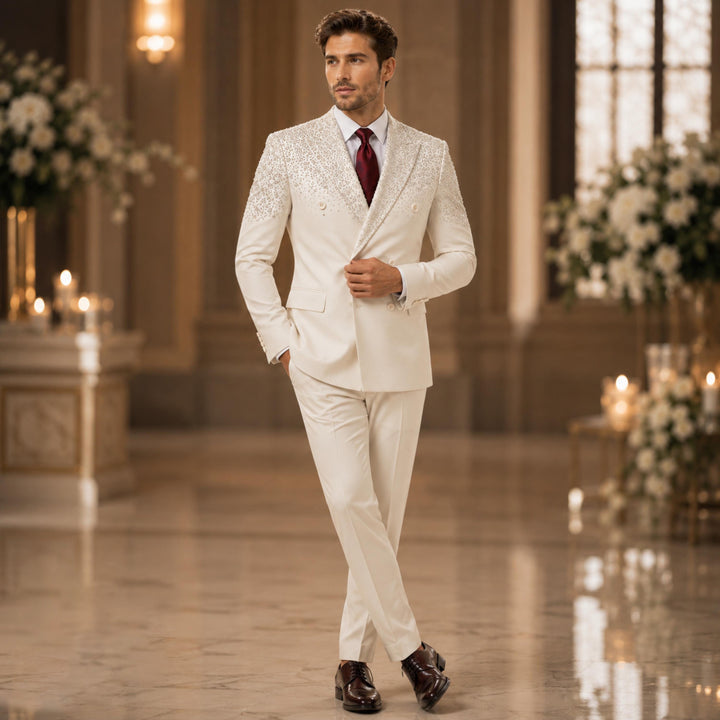 Luxury White Diamond 2 Pieces Double Breasted Men Suit With Peak Lapel For Prom