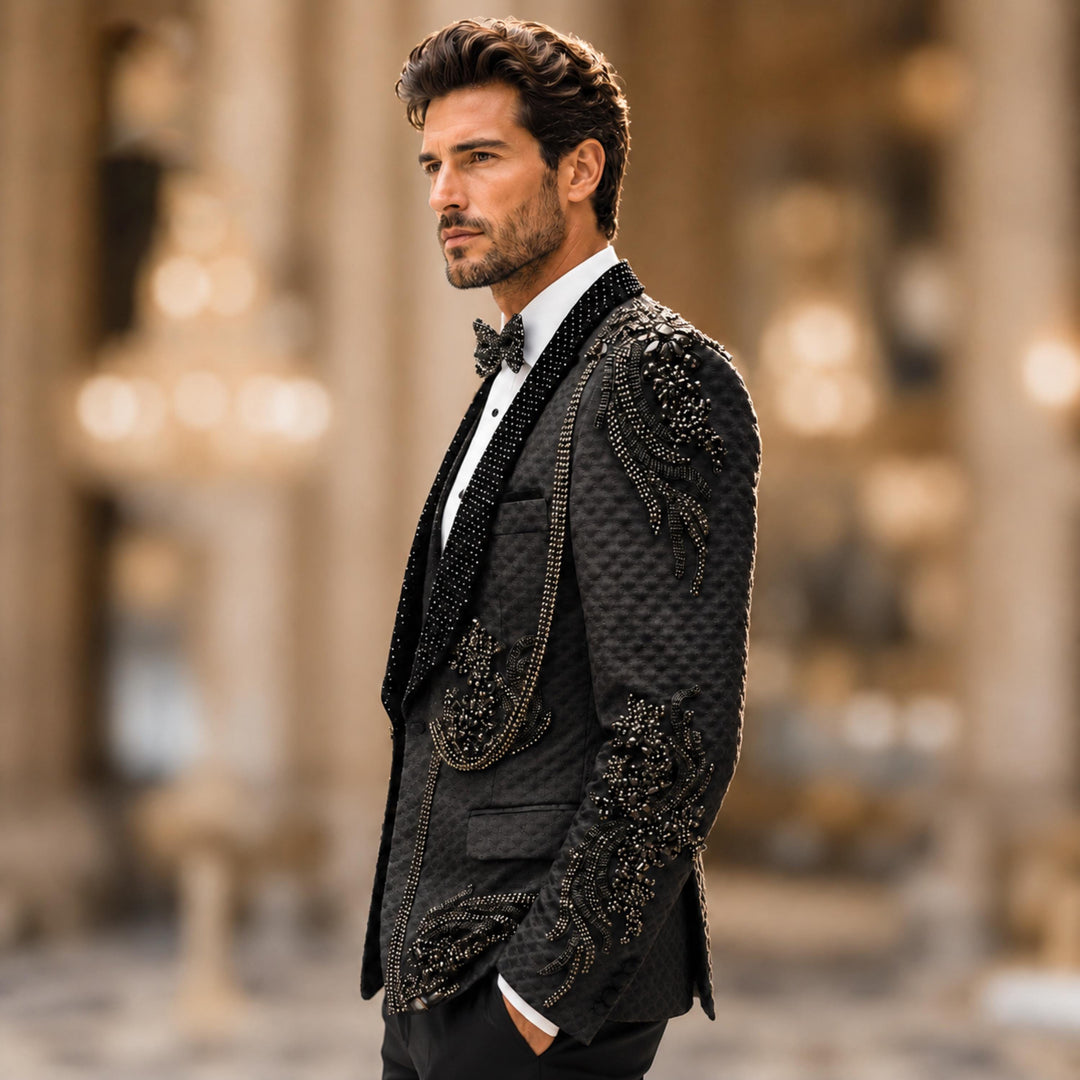Luxury Black With Shawl Lapel Diamond 3 Pieces Men Suit