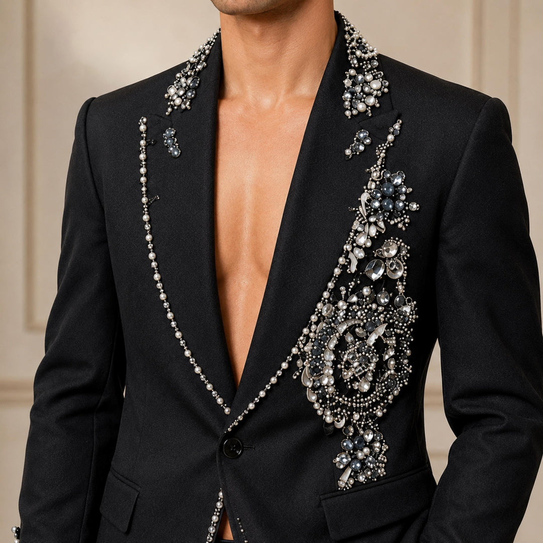 Fashion Black And Diamond Peak Lapel 2 Pieces Men Suit