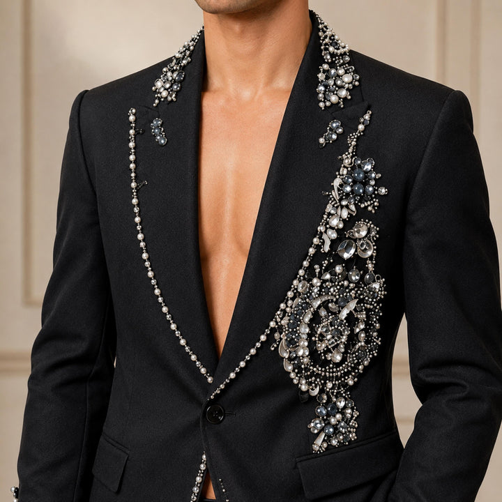 Fashion Black And Diamond Peak Lapel 2 Pieces Men Suit