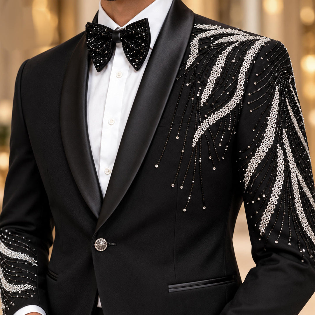 Luxury Black Shawl Lapel Diamond 2 Pieces Men Suit For Prom