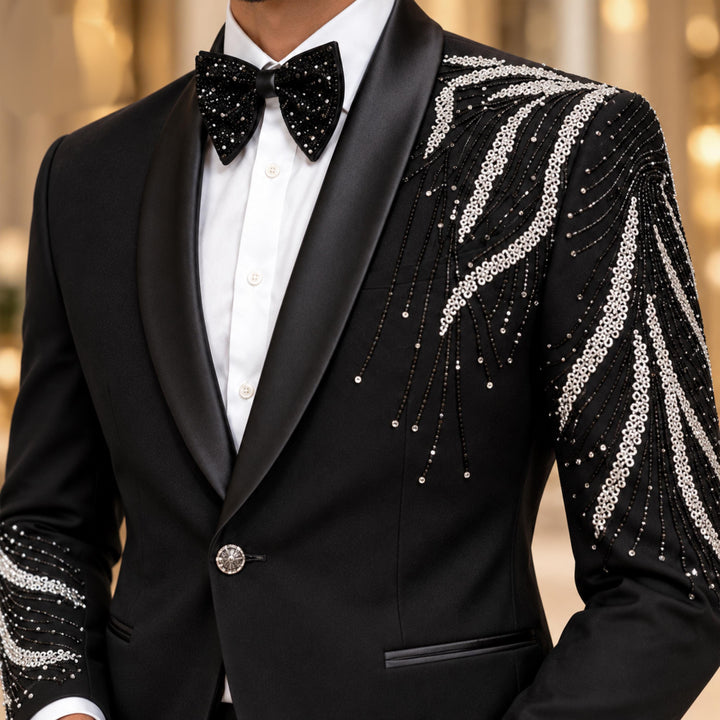 Luxury Black Shawl Lapel Diamond 2 Pieces Men Suit For Prom