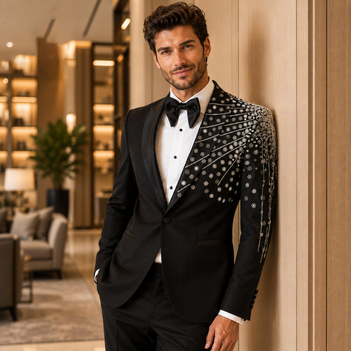 Fashion Black And Diamond Peak Lapel 2 Pieces Men Suit
