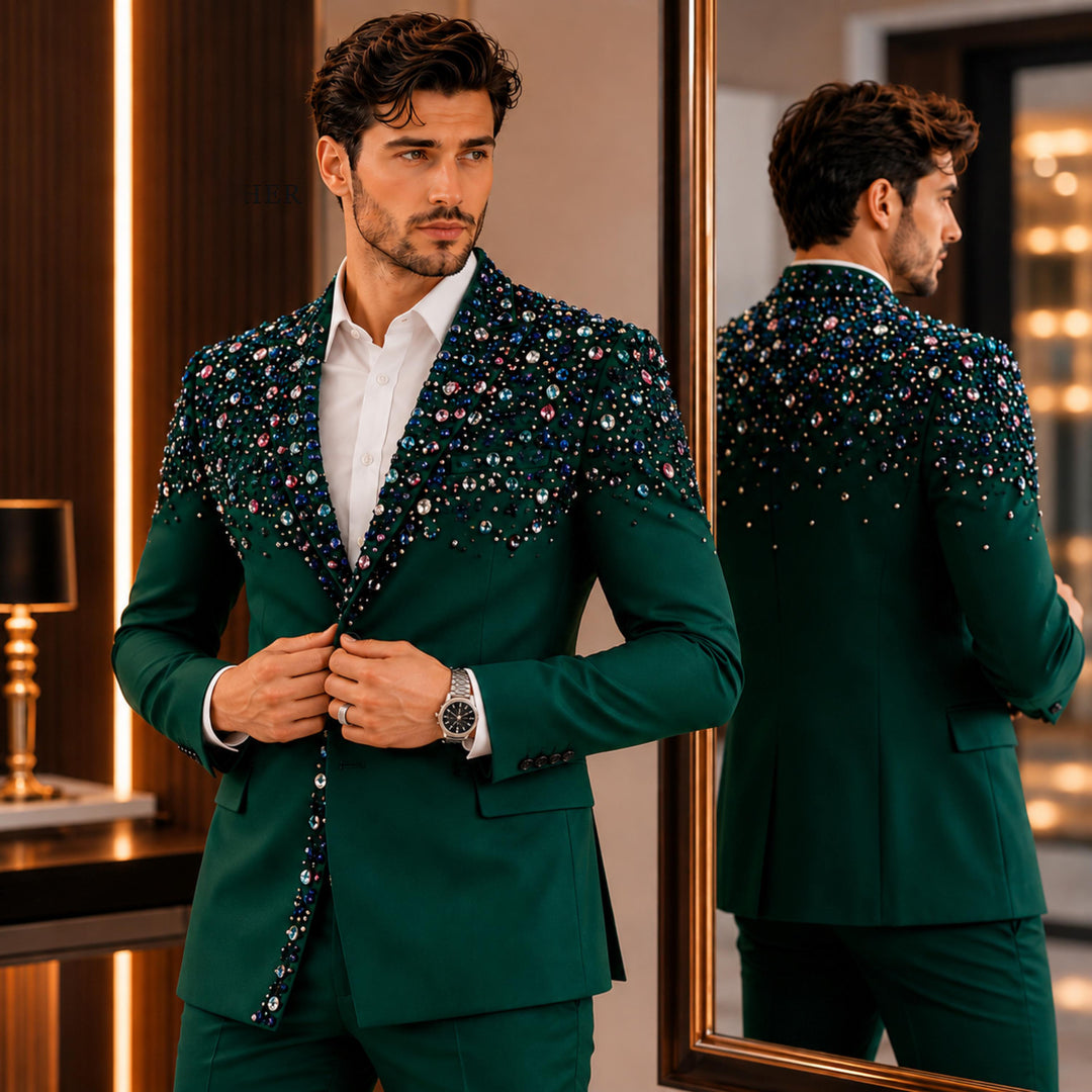 Luxury Hunt Green Diamond 2 Pieces Double Breasted Men Suit With Peak Lapel For Prom