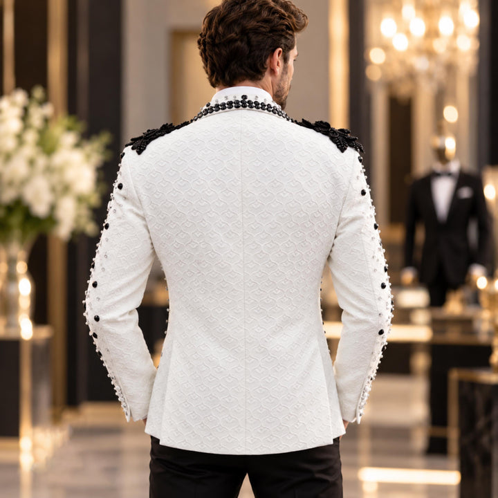 Luxury White Shawl Lapel Embroidered Diamond 2 Pieces Men Suit For Wedding
