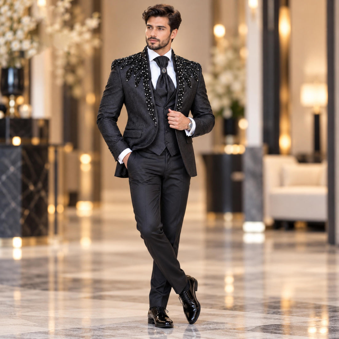 Luxury Black Mens Suit Shawl Lapel With Diamond 3 Pieces Suit