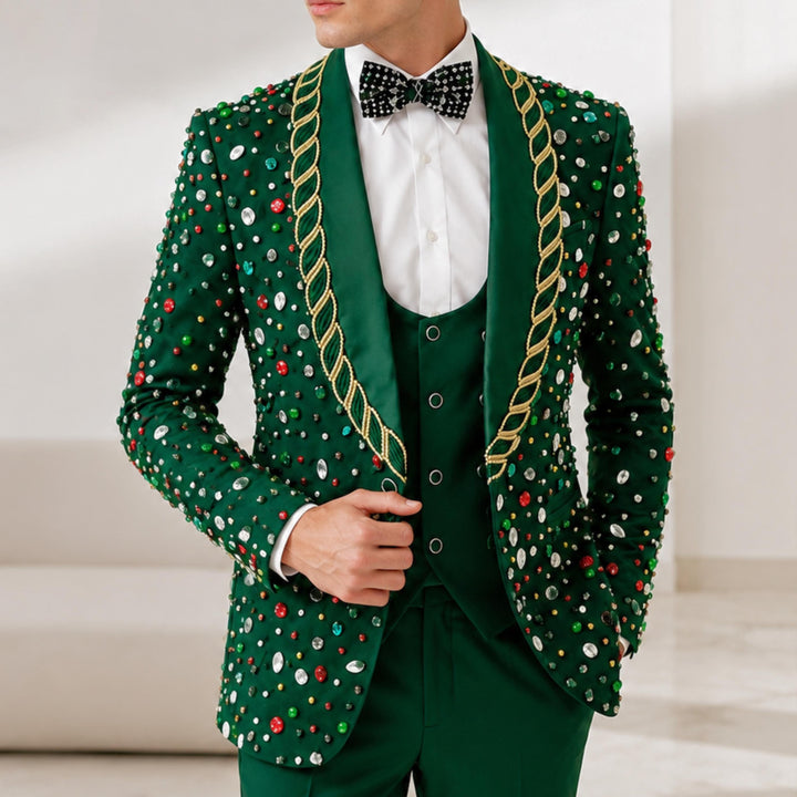 Luxury Black With Shawl Lapel Colored Diamond 3 Pieces Men Suit