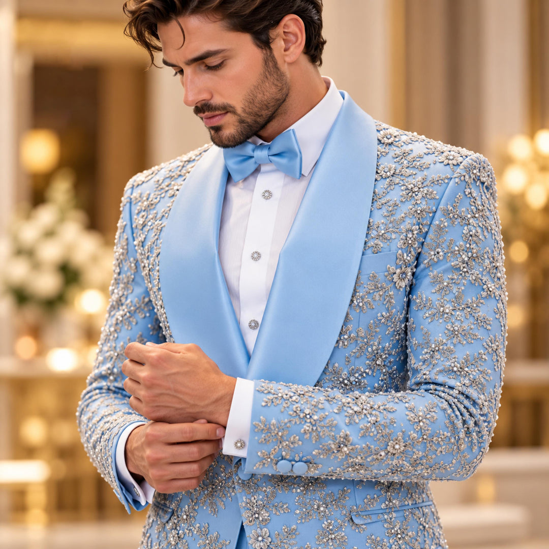 Luxury Light Blue Shawl Lapel Embroidered Diamond 2 Pieces Men Suit For Wedding