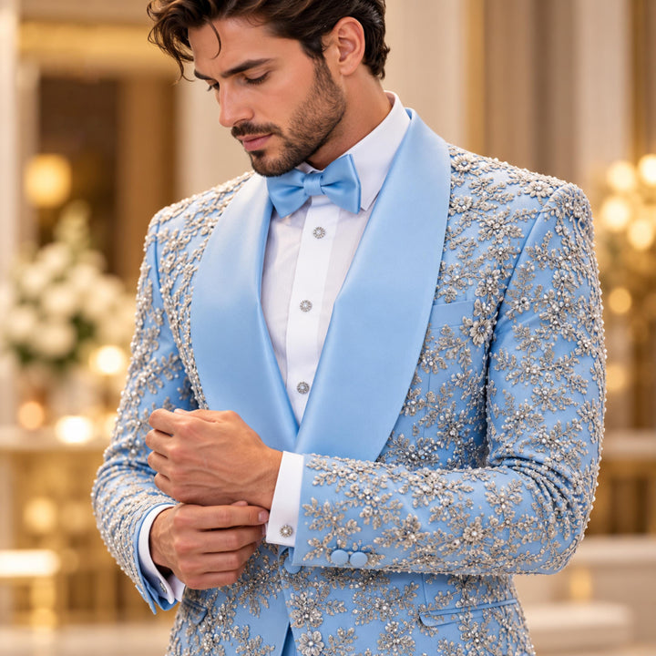 Luxury Light Blue Shawl Lapel Embroidered Diamond 2 Pieces Men Suit For Wedding