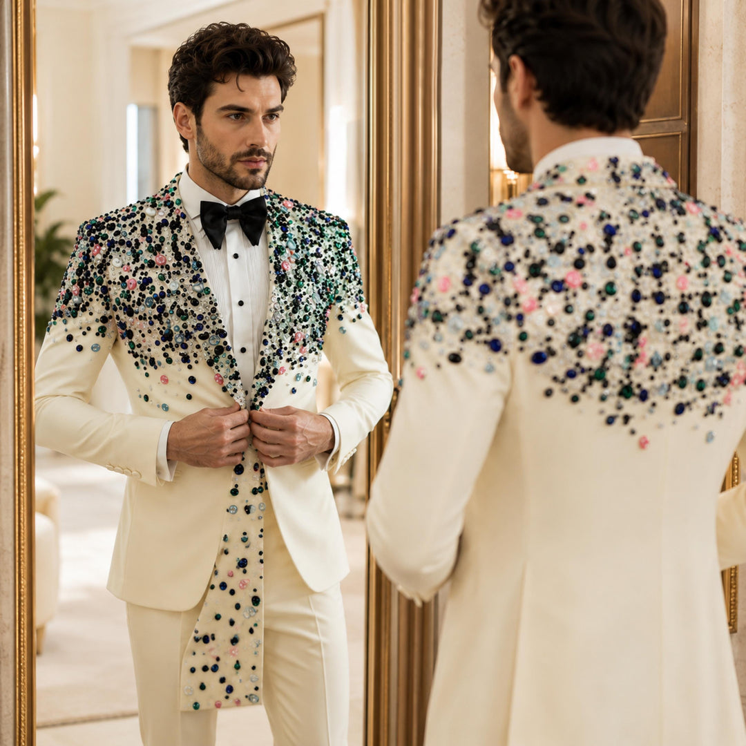 Luxury White Diamond 2 Pieces Double Breasted Men Suit With Peak Lapel For Prom