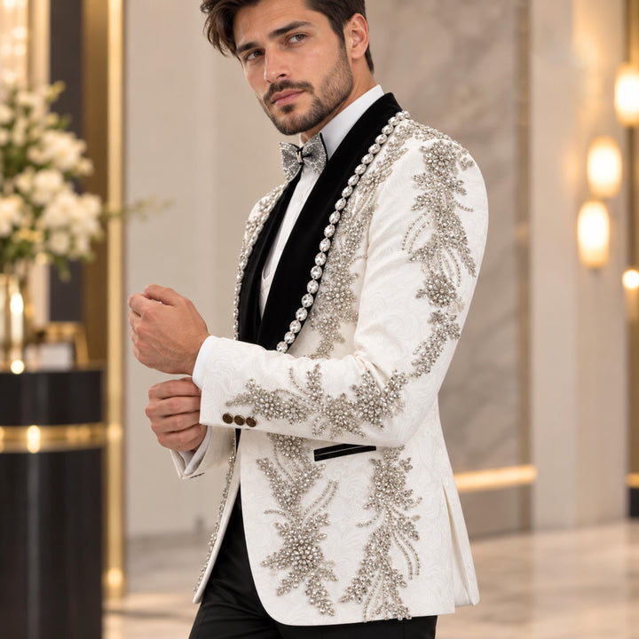 Luxury White With Black Shawl Lapel Diamond 3 Pieces Men Suit