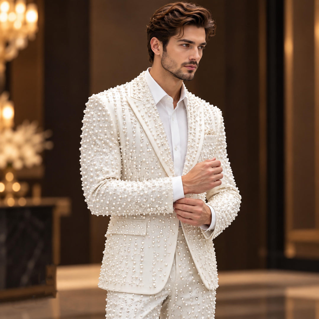 Fashion White And Diamond Peak Lapel 2 Pieces Men Suit