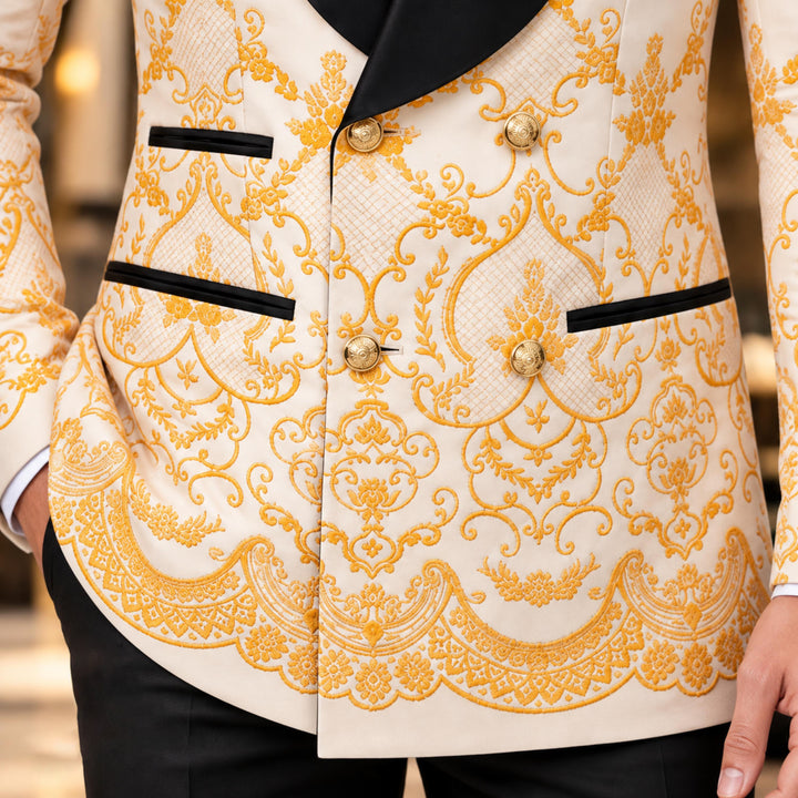 Luxury Champagne Shawl Lapel Embroidered 2 Pieces Men Suit For Wedding
