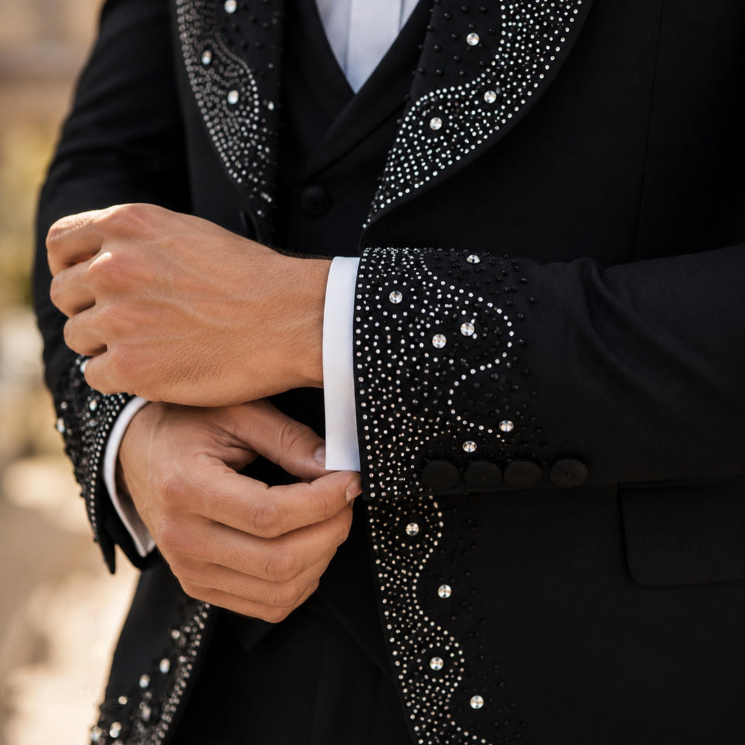 Luxury Black With Shawl Lapel Diamond 3 Pieces Men Suit