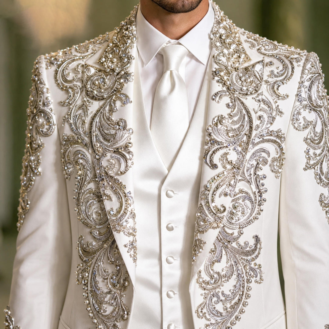 Luxury White Peak Lapel Embroidered Diamond 3 Pieces Men Suit For Wedding