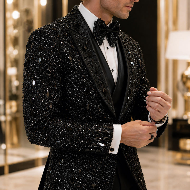 Luxury Black Peak Lapel Embroidered 3 Pieces Mens Suit