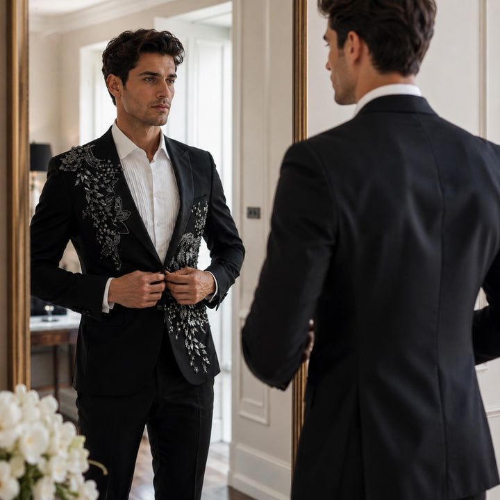 Fashion Black And Diamond Peak Lapel 2 Pieces Men Suit