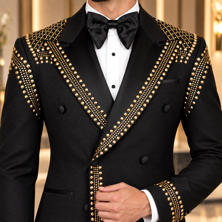 Luxury Black Diamond 2 Pieces Double Breasted Men Suit With Peak Lapel For Prom