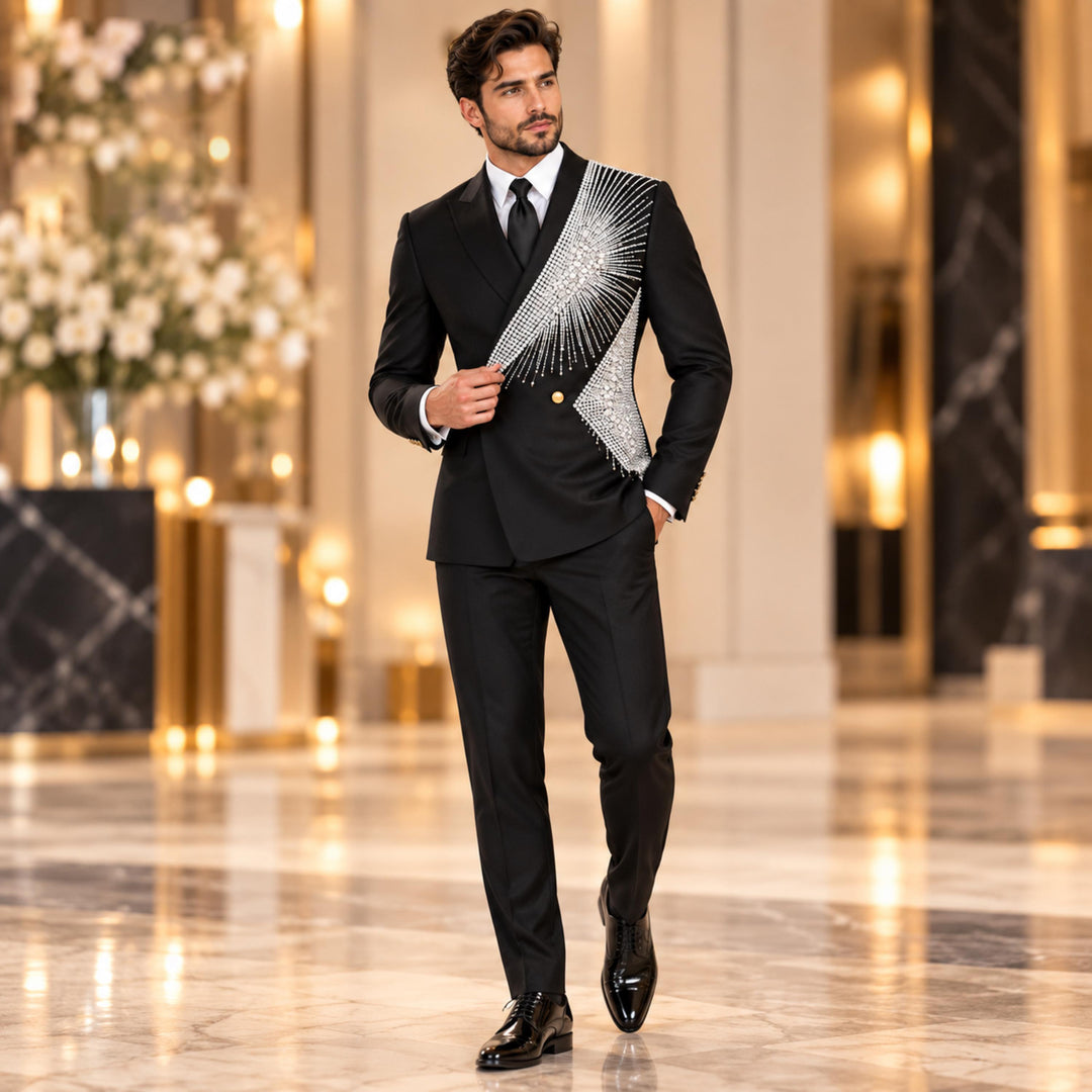 Fashion 2 Pieces Suit In Black Peaked Lapel Diamond For Prom