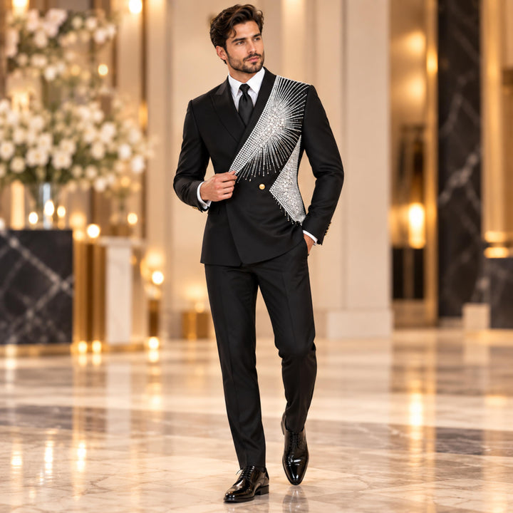 Fashion 2 Pieces Suit In Black Peaked Lapel Diamond For Prom