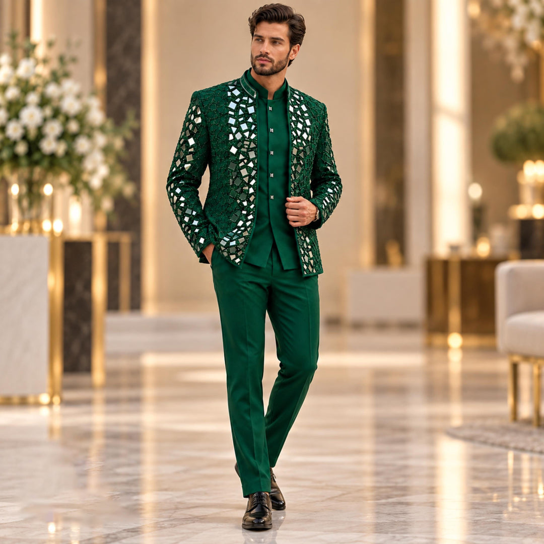Luxury Mens Stand Collar Mirror-finish Diamond 3 Pieces Suit