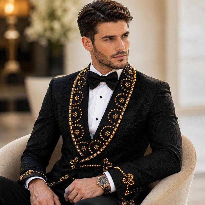 Luxury Black Diamond 2 Pieces Double Breasted Men Suit With Shawl Lapel For Prom