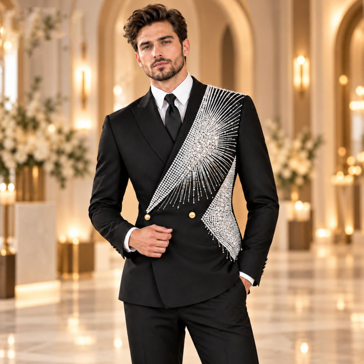 Fashion 2 Pieces Suit In Black Peaked Lapel Diamond For Prom
