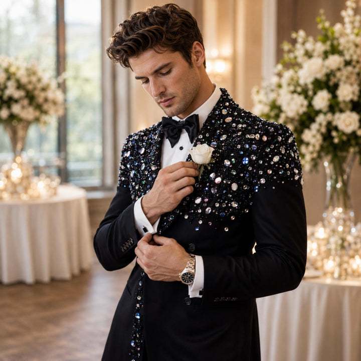 Luxury Black Diamond 2 Pieces Double Breasted Men Suit With Peak Lapel For Prom