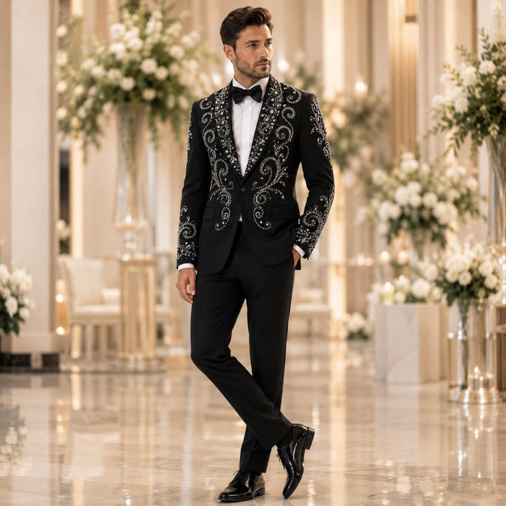 Fashion Black And Diamond Shawl Lapel 2 Pieces Men Suit