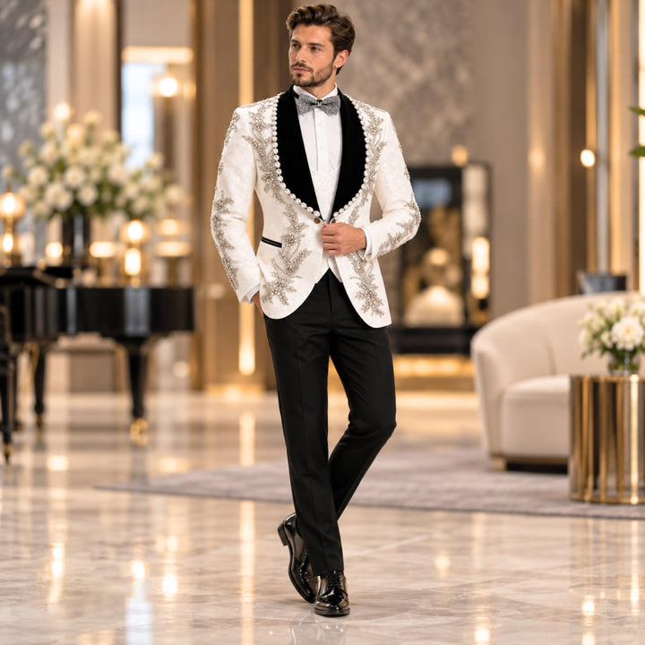 Luxury White With Black Shawl Lapel Diamond 3 Pieces Men Suit