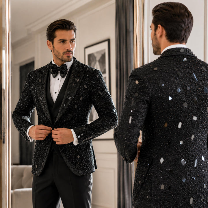 Luxury Black Peak Lapel Embroidered 3 Pieces Mens Suit
